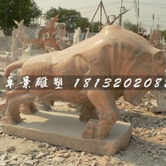 石雕牛，晚霞紅牛雕塑，晚霞紅石頭牛雕塑