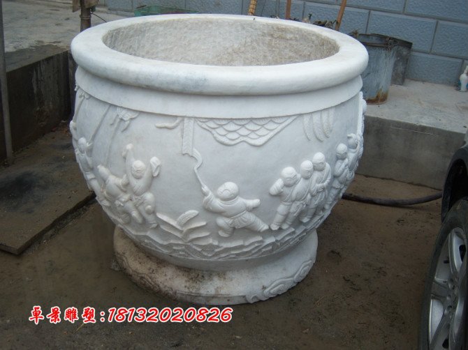 漢白玉花盆雕塑，白色石頭花盆