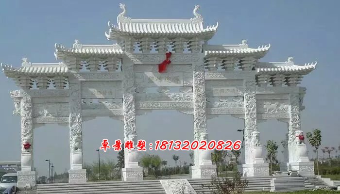 漢白玉石牌坊，五門牌坊石雕
