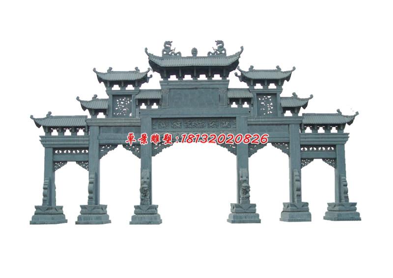 五門(mén)石牌坊，青石牌坊雕塑 (1)