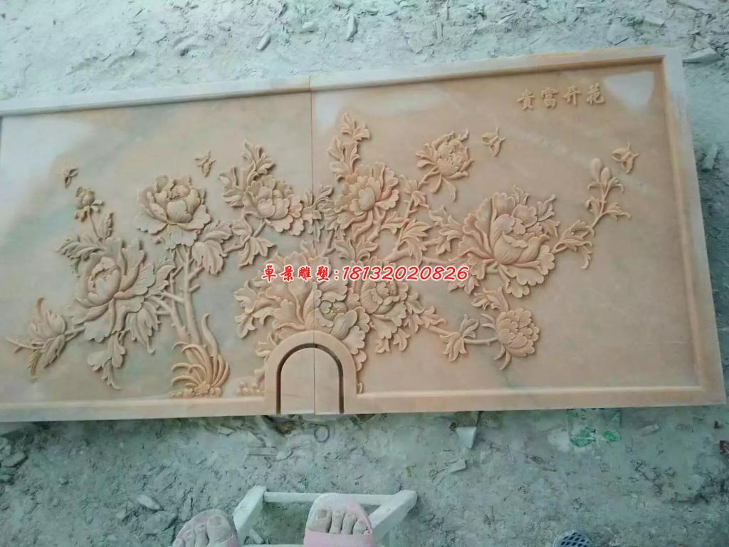 石浮雕，晚霞紅富貴開花浮雕