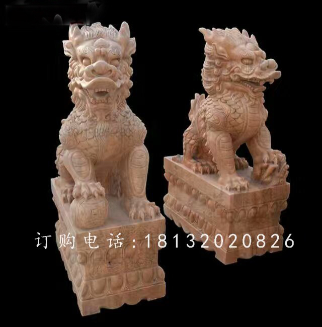 踩球麒麟石雕，晚霞紅麒麟雕塑