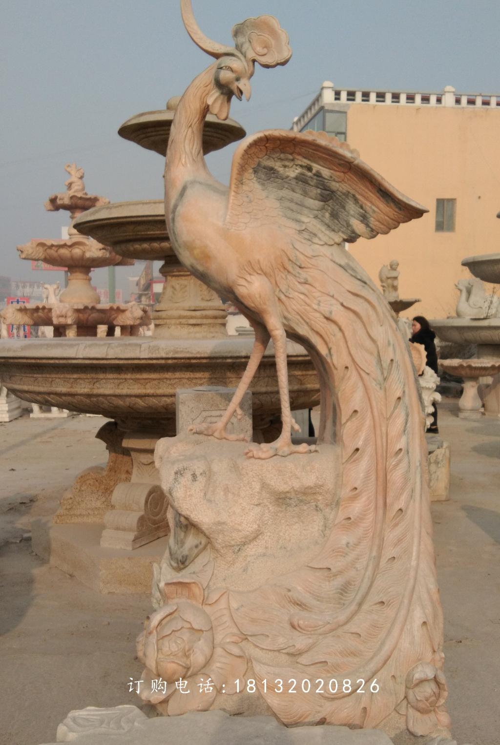 鳳凰石雕，晚霞紅鳳凰雕塑