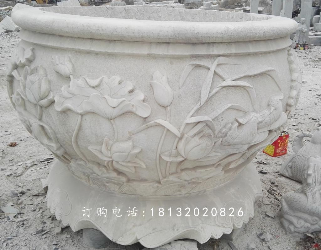 荷花與鳥花盆雕塑，水缸石雕 (3)