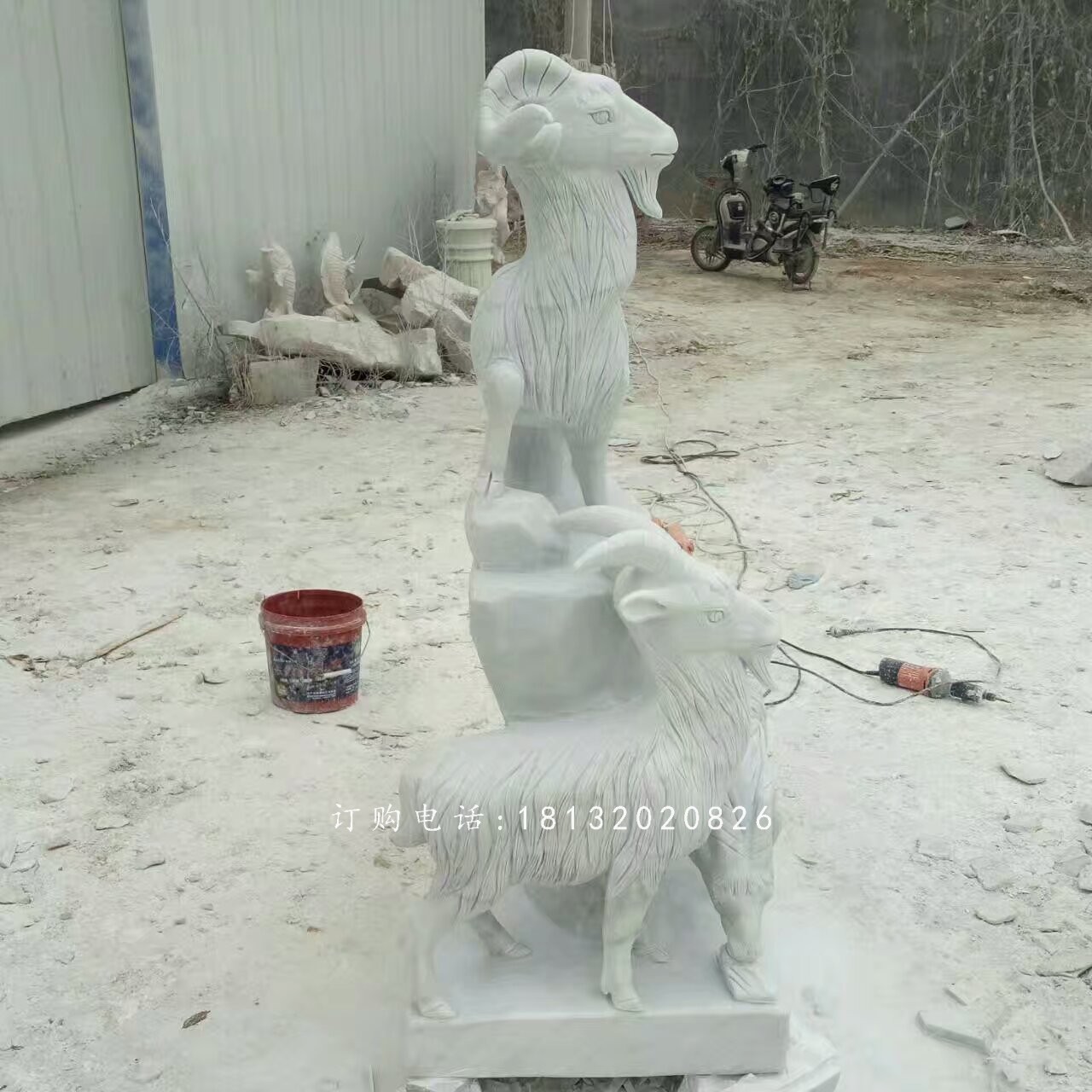 漢白玉山羊雕塑，石雕三羊開泰 (2)