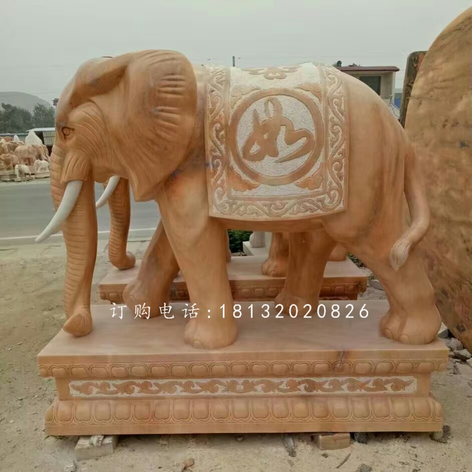 吉祥如意大象雕塑，晚霞紅石雕象 (4)