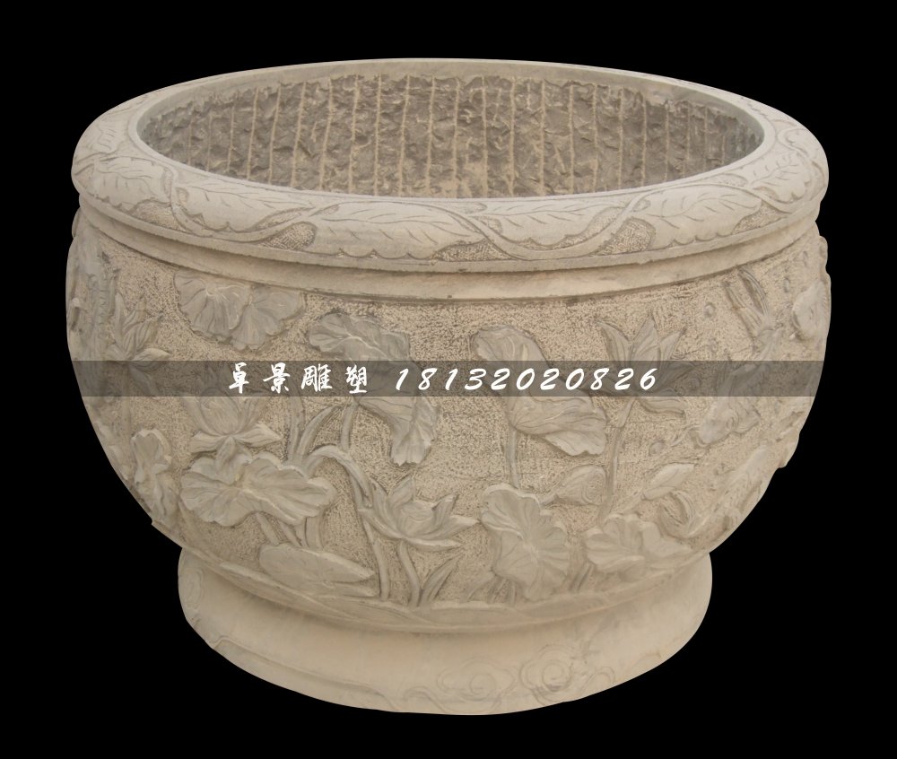 水缸石雕，荷花浮雕水缸
