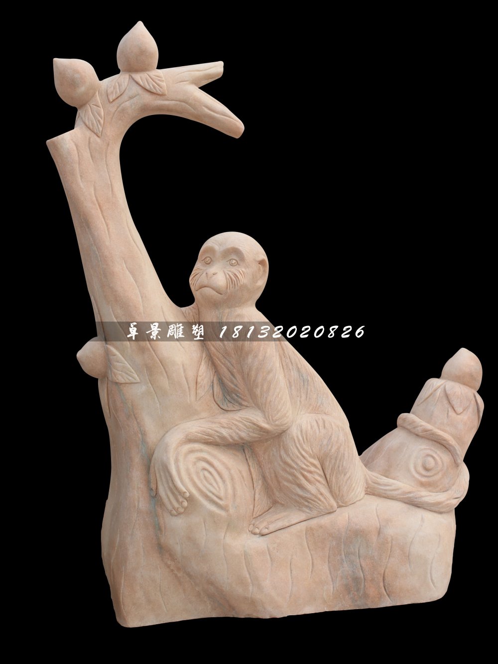 猴子摘桃石雕，晚霞紅動物石雕