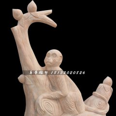 猴子摘桃石雕，晚霞紅動物石雕