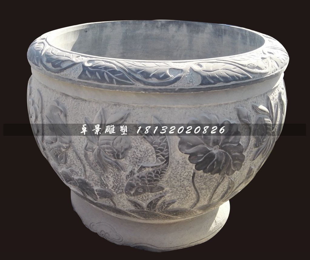 青石荷花魚水盆，仿古石水缸 (3)