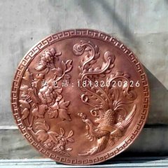 鳳凰牡丹銅浮雕，圓形銅浮雕