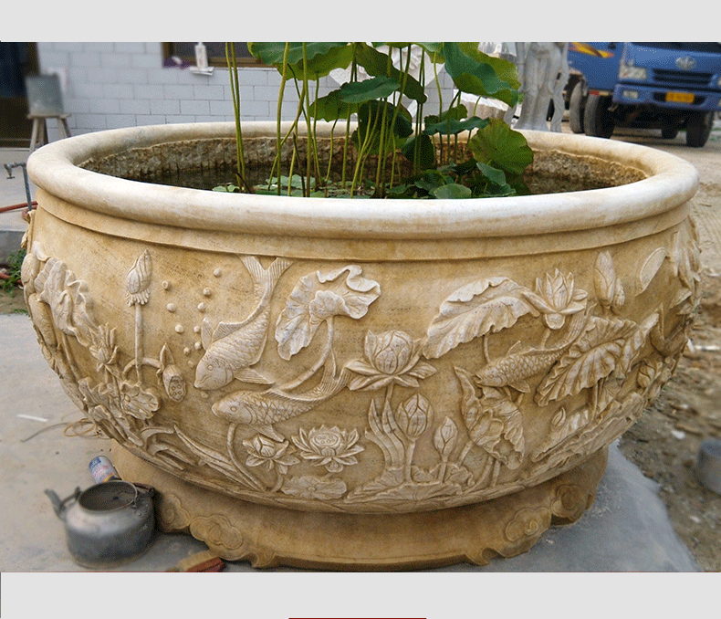 晚霞紅富貴有余浮雕魚缸，庭院景觀石雕