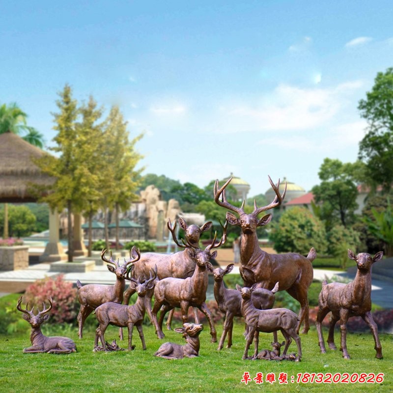 玻璃鋼仿銅梅花鹿，公園動物雕塑[1][1][1]