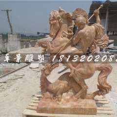 西方人物騎馬石雕，晚霞紅景觀石雕