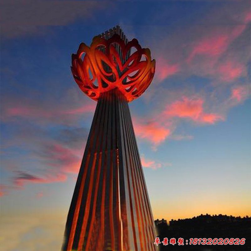 創意抽象紅色鏤空花朵公園景觀，不銹鋼雕塑 (2)